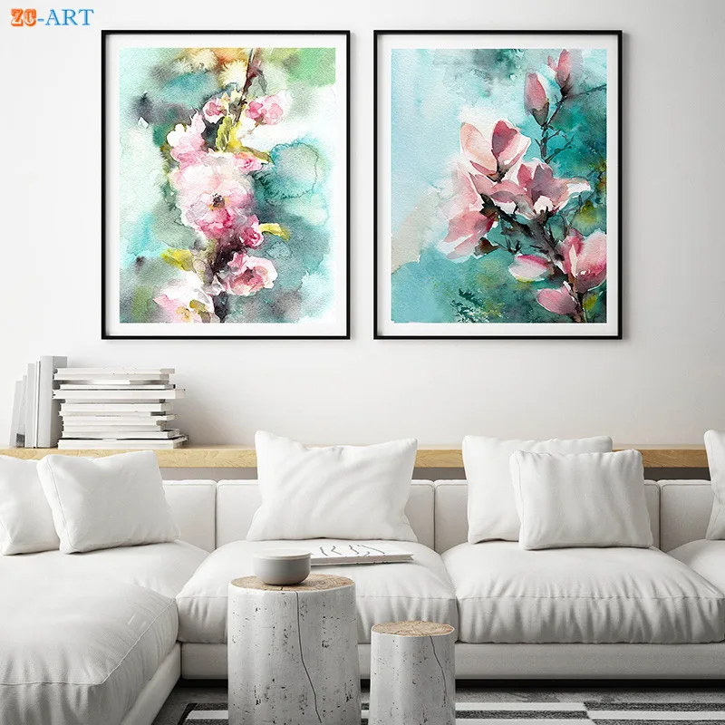 Abstract Pink Flowers Prints Botanical Watercolor Painting Turquoise ...