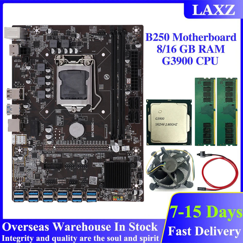 Набор материнской платы для майнинга BTC B250C LGA 1151 G3900 CPU 12 USB3.0 to PCIE слот GPU 8/16 GB 2133MHZ DDR4