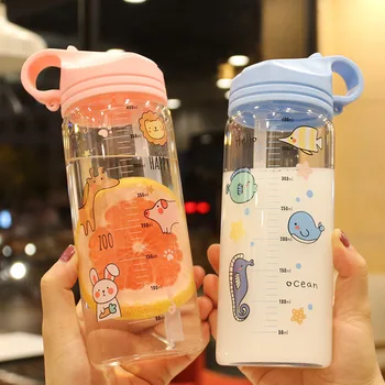 

Cute water bottle with Straw for kids girls Climbing Tour Portable Sealed Leak Proof Water Cup with Scale BPA free
