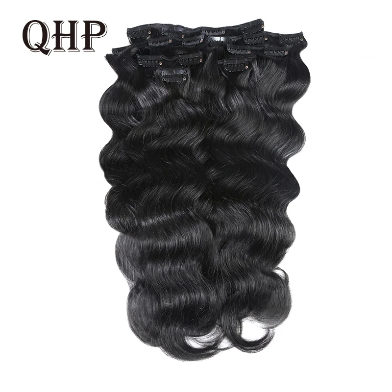 

QHP Full Head Clip In Human Hair Extension Body Wave Thick Long Brazilian Machine Made Remy Hair Wigs For Women Hairpiece
