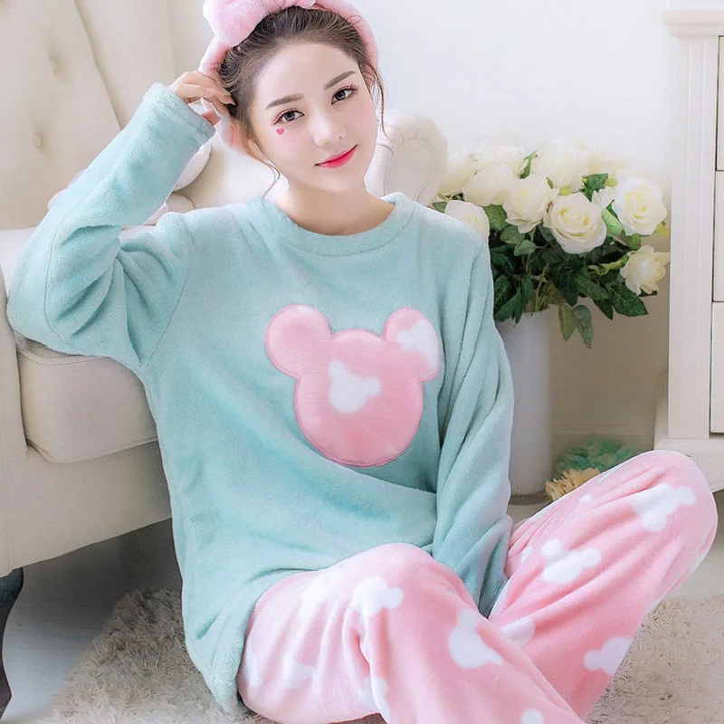 2pcs Pijamas Suit Cartoon Coral Pajamas Set Long Sleeve Women Cute Shirt&pant Sleep Set Winter Flannel Nightwear Girl Nightgown - Цвет: Style 3