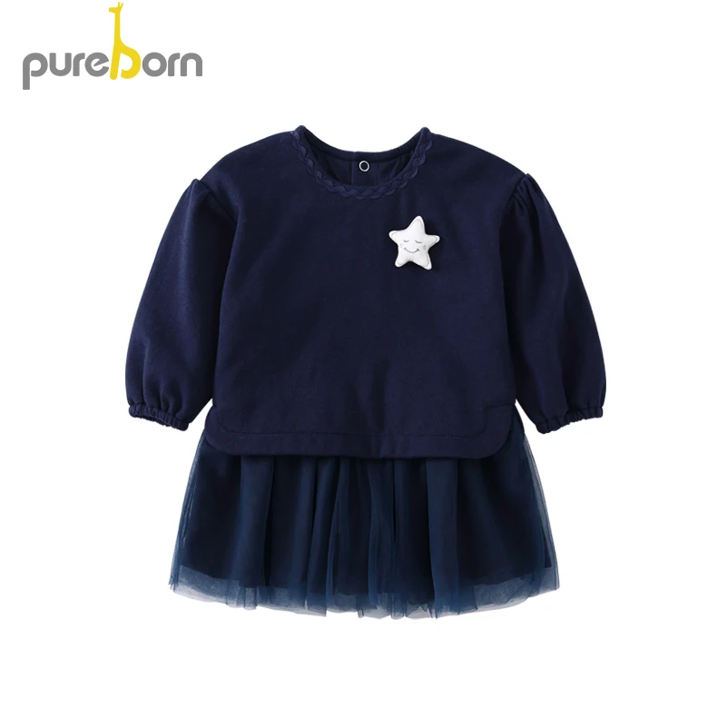 Pureborn/платье для новорожденных девочек; хлопковое шифоновое платье для малышей; платье принцессы с длинными рукавами на День рождения; одежда для малышей; сезон весна-осень - Цвет: Navy