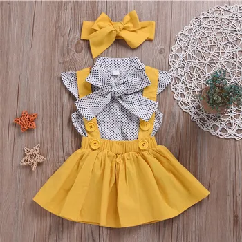 

Humor Bear Baby Girls Clothes Sets Summer Dot flying sleeve top+strap dress+Headband 3-piece kids Children's Clothing Suit 25