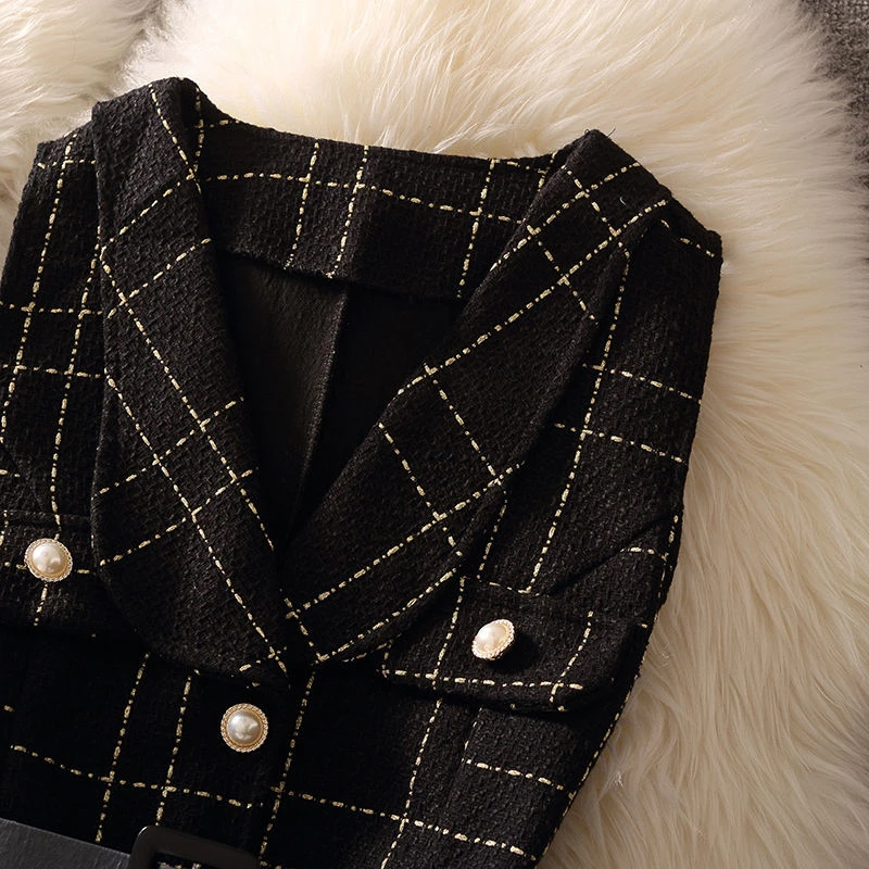 Vintage Mid-length 75cm Plaid Tweed Vest Jacket Women 2 Piece Set Elegant Pearl Button Belted V Neck Waistcoat Knitted Sweater