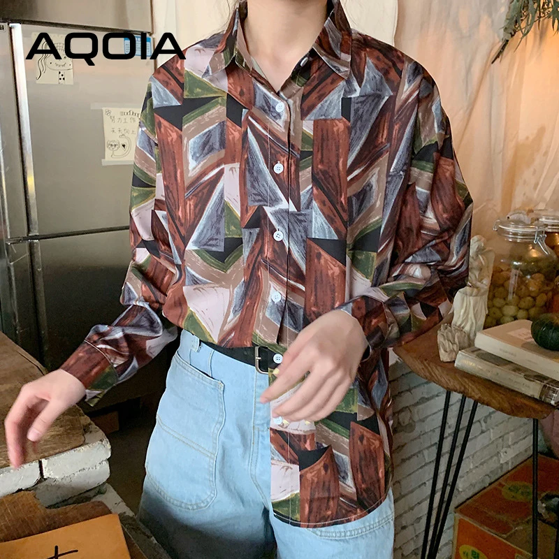 AQOIA Korean Vintage Long Sleeve Women Loose Blouse Patchwork Priting Button Up Chiffion Shirt 2020 Spring Ladies Clothing | Блузки