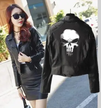 

Print Logo Punisher Skull Cosplay Pink/Black PU Leather Jackets Women Riverdale Serpents Streetwear Leather Brand Coat