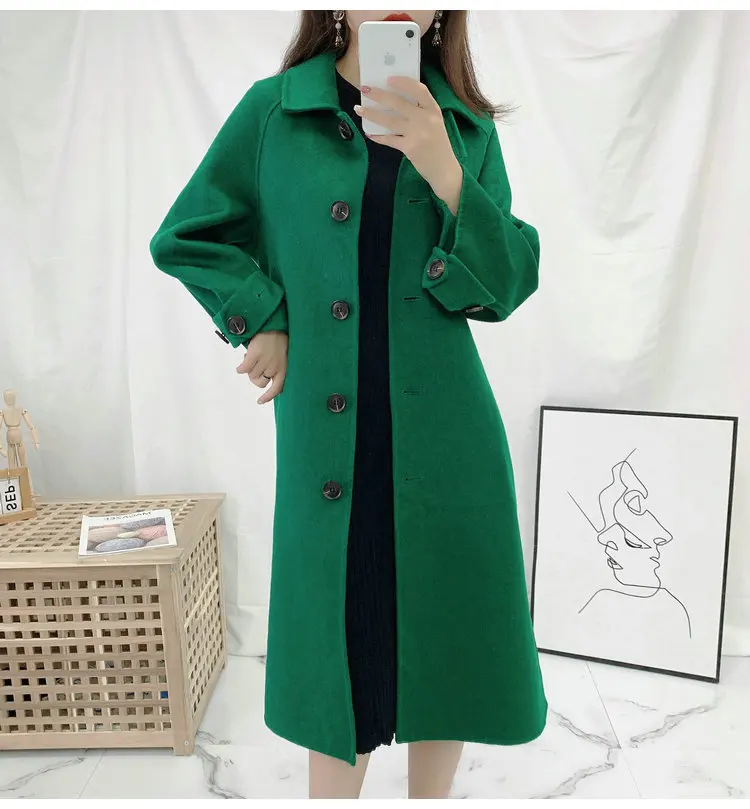 Высококачественное шерстяное осеннее новое шерстяное пальто из альпаки теплое зимнее зеленое Женское шерстяное длинное пальто офисное женское тонкое пальто