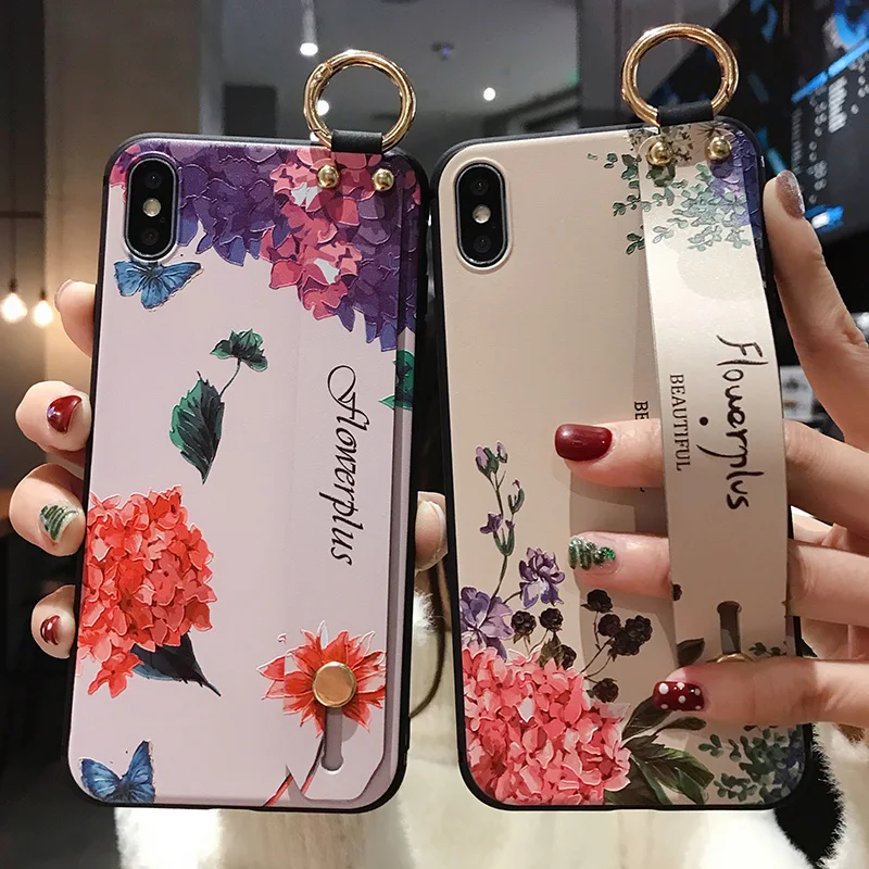 Wrist Strap Soft TPU Phone Case For iPhone 7 8 6 6S Plus X XS Max XR Vintage Flower Pattern Holder Silicone Cover With Lanyard |