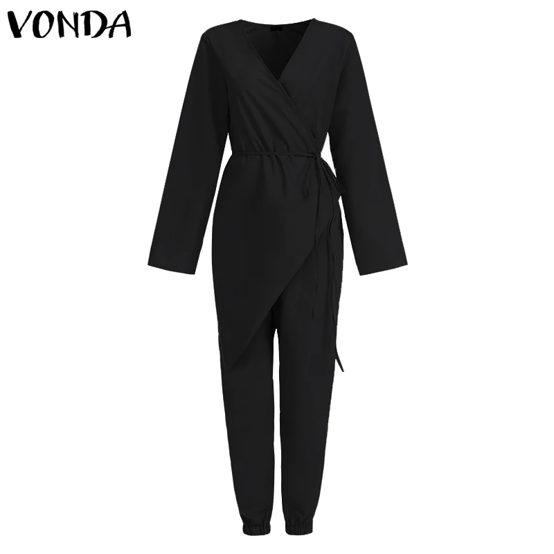 VONDA комбинезоны сексуальные женские комбинезоны с длинным рукавом глубокий v-образный вырез комбинезоны Осенние штаны повседневные свободные шаровары размера плюс комбинезоны