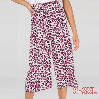 

Women Leopard Print Pants High Waist Casual Loose Waist Straps Bow Wide Leg Pants Capris Summer Beach Pants Woman Trouses