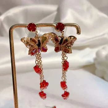 

Luxury Red Crystal chain dangle butterfly Earrings for Women Handmade bride wedding fashion bohemian jewelry 2020 new trend