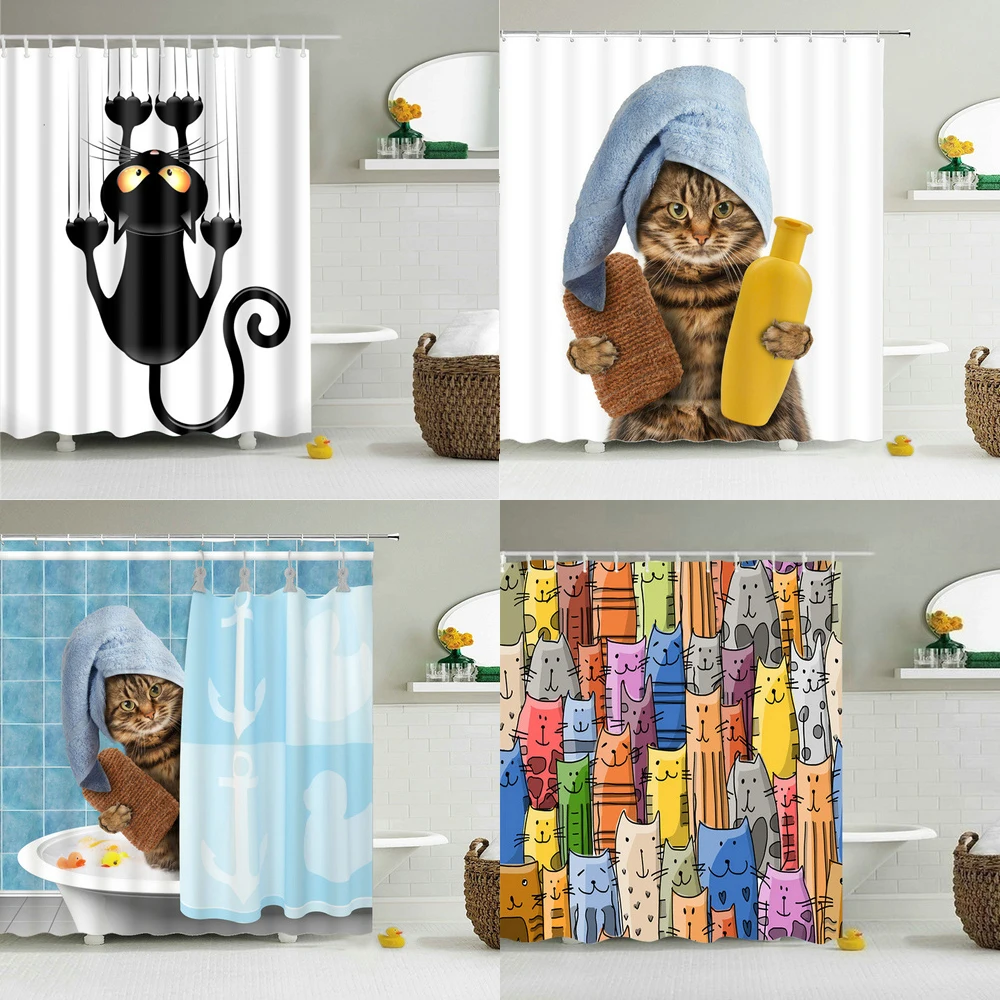Rideaux de douche drôles imperméables avec crochets, décor de bain 3D, chat et chien