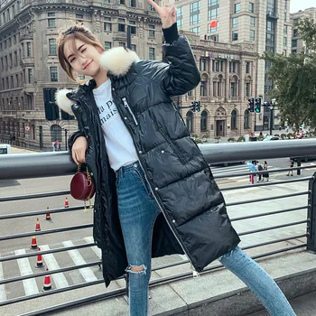 

Chic Long Fur Collar Glossy Hooded Winter Down Coat Women Oversize Jacket Thick Warm Cotton Padded Wadded Parkas Big Pocket