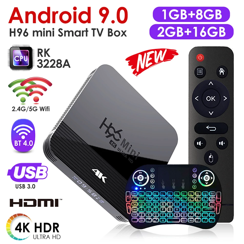 Смарт ТВ приставка H96 RK3228A Android 9 0 мини H8 8 ГБ/16 ГБ Wi Fi медиаплеер Четырехъядерный 4K 3D