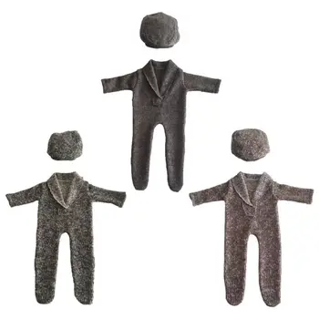 

2Pcs Newborn Photography Props Suit Romper + Hat Set Long Sleeve Jumpsuits Bodysuit Handmade Knit Outfit Clothing Infants Shower