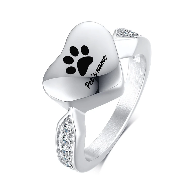 Women Heart Pet Memorial Ring Engraved Name Crystal Embellishment Stainless Steel Cremation Ash Urn Rings Femme Jewelry | Украшения и