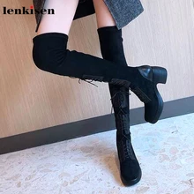 Lenkisen unique lace up stretch boots round toe high heels thick bottom winter keep warm women fashion over-the-knee boots L32
