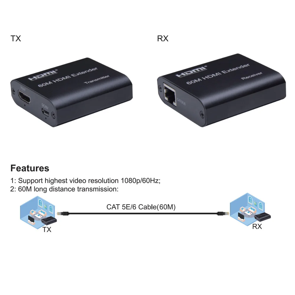HDMI удлинитель с кабелем cat6/cat5e до 60 м 165ft full HD1080P поддерживает кабель усилитель для