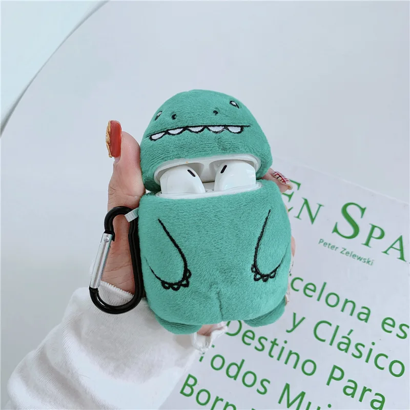 

For Air pods 2 Case Luxury 3D Cartoon Plush Dinosaur For Airpod Case Bluetooth Wireless Earphone Case Cover with Carabiner