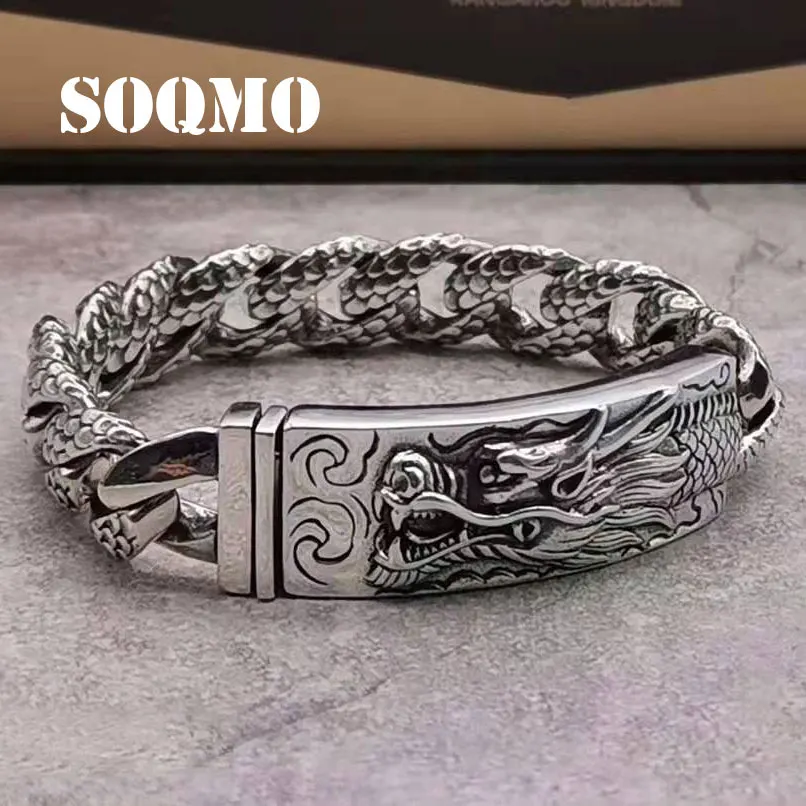 SOQMO Genuine 925 Sterling Silver Dragon Curb Chain Men Bracelet Vintage Punk Thai Sliver Handcrafted Bracelets For Jewelry | Украшения и