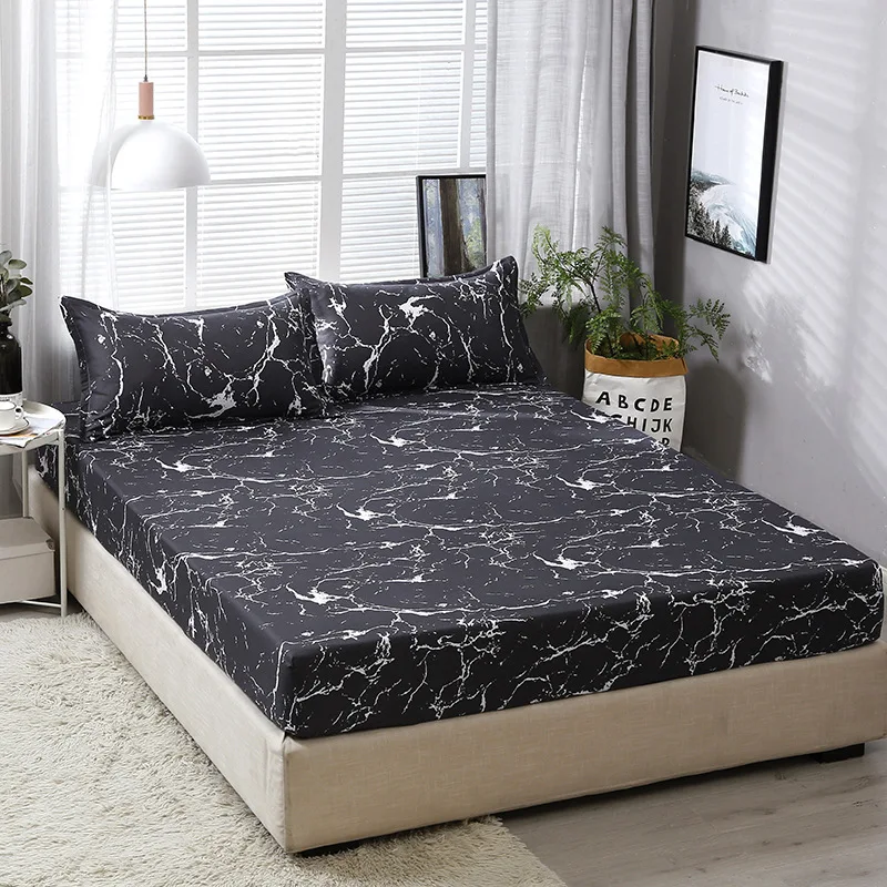 

New Product Black White Stone Pattern Bed Sheet with Elastic Rubber Band Twin Full Queen Size Mattress Cover 1pc Fitted Sheet