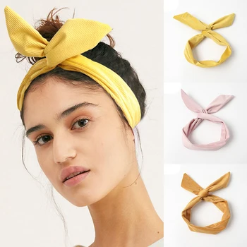 

Korean Solid Color Rabbit Ears Headband Metal Wire Corduroy Scarf Cross Bow Hairband Women New Fashion Hair Accessories Headwear