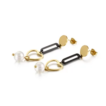 

European and American new heart-shaped pearl long earrings creative retro simple titanium steel jewelry