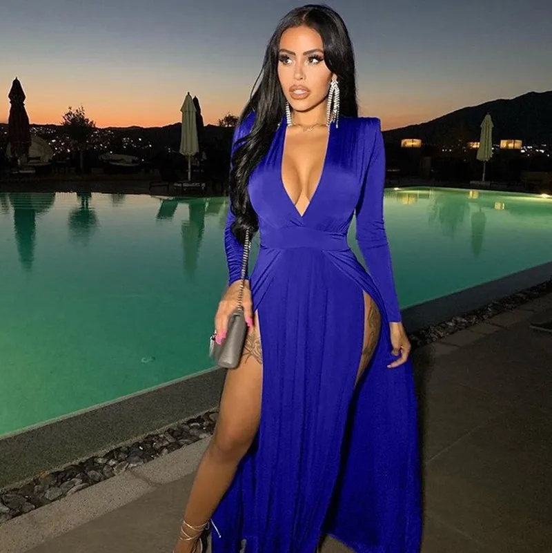 

Sexy High Split Long Maxi Dresses for Women Party Deep V Neck Solid Bodycon Dress for Women Night Club Skinny Long Sleeve Dress