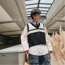 Осенний короткий свитер мужской модный контрастный цвет Повседневный свитер с v-образным вырезом пуловер Мужской уличная без рукавов свитер Мужская одежда