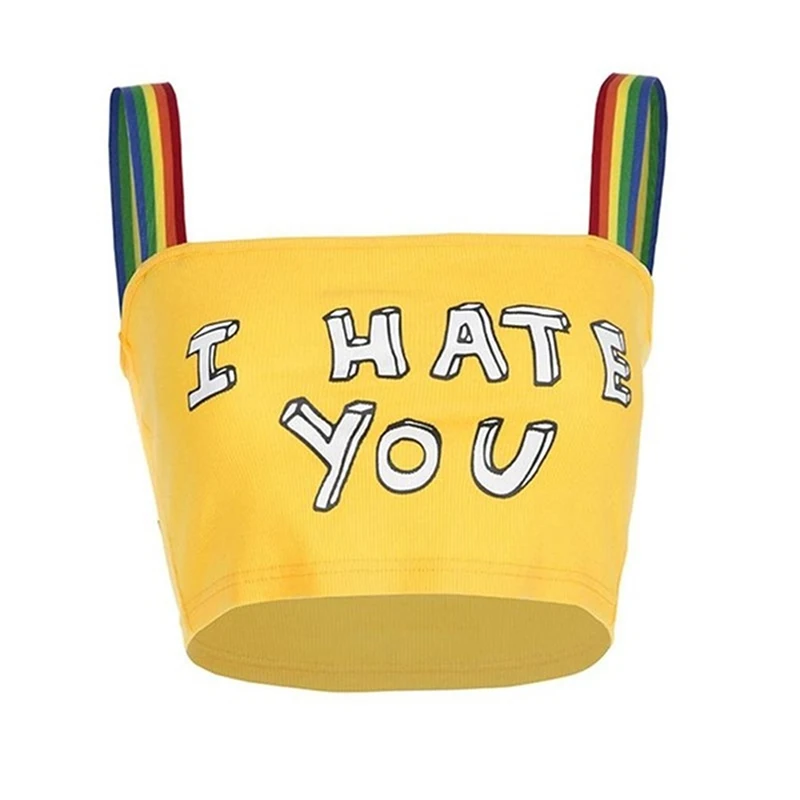 Летняя Новинка, Женский Топ, повседневный топ с надписью I Hate You, майка с принтом, футболки, Радужный плечевой ремень, женские топы, топ без рукавов