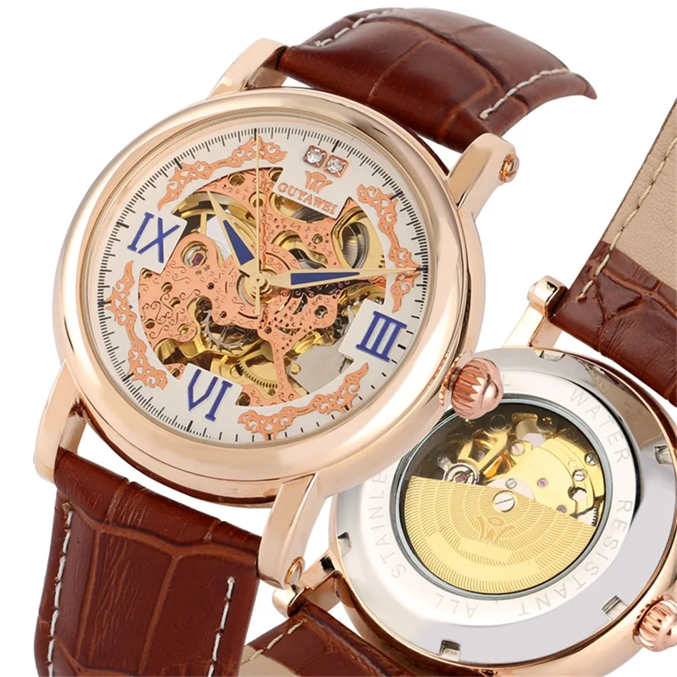 

OUYAWEI Hollow Stainless Steel Automatic Men Watch Roman Numerals Display Mechanical Self Winding Genuine Leather Mens Watches