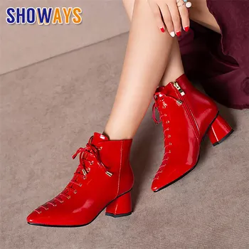 

Winter British Women Martin Boots Red Patent Leather Pointed Toe High Block Heel Plush Ankle Boots Casual Lady Lace Zipper Shoes