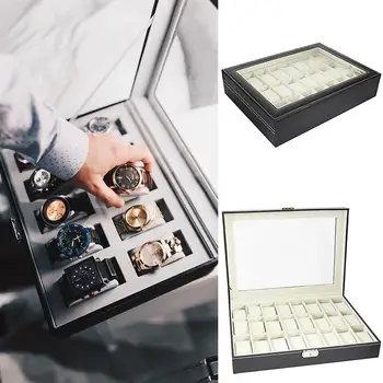 

24 Compartments Black Leather Watch Display Storage Case Collection Box Portable Exquisite Stylish Watch Collection Storage Box