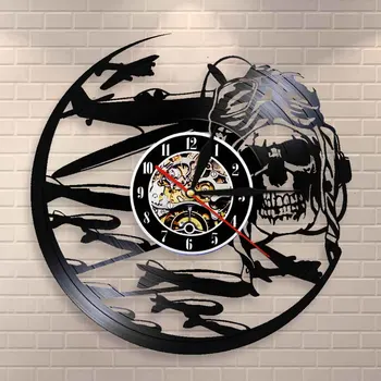 

Retro Pilot Skull Wall Clock Aviator Skeleton Vinyl Record Wall Clock Airplane Flying Jet Helmet Hipster Goggles Skull Wall Deco