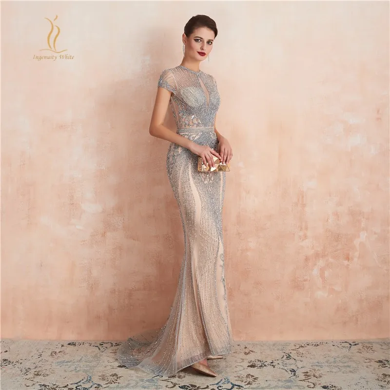 Nude Mermaid Evening Dress Long Luxury Rhinestones Beauty Pageant Formal Gowns Mermaid Beaded Crystals robe de soiree ZD2007