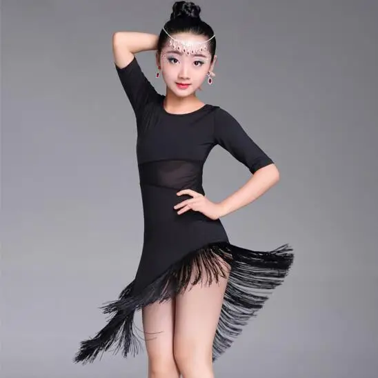 Girls Latin Dance Dress Fringe Latin Dance Clothes Kids Competition Salsa Costume Black Red Child Ballroom Tango Dresses