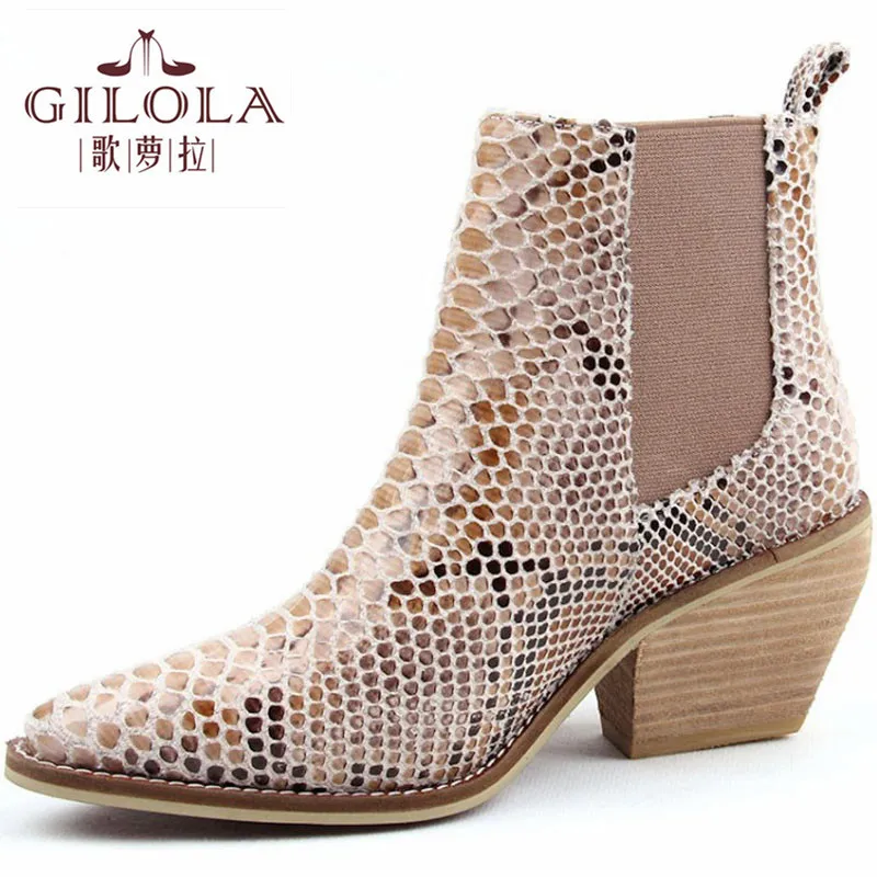 

New Fashion Snake Women Ankle Boots Thick Heels Short Boots Pointed Toe Women Shoes Woman #Y0070521Y
