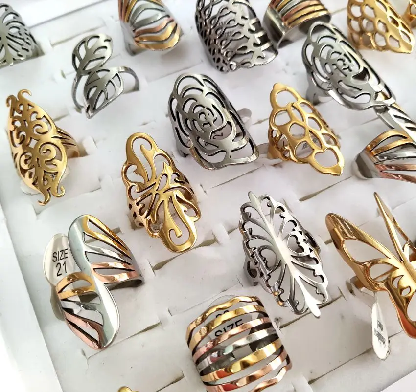 20pcs Big Mix Exaggerated Style Vintage Women Stainless Steel Ring Wholesale Carved Flower Charm Rings for Woman 5