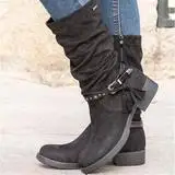 Женские ботинки до середины икры; chaussure boots; Винтажные ботинки-гладиаторы из искусственной кожи на низком каблуке; женская обувь; zapatos mujer sapato; H493 - Цвет: black