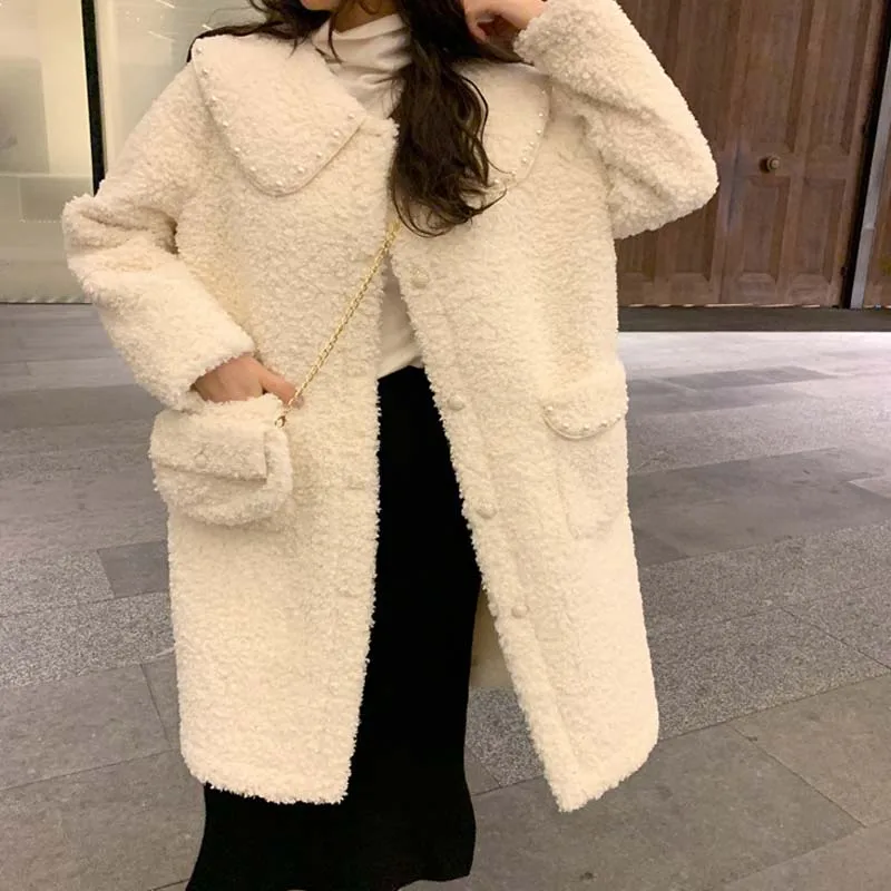 

Kawaii Sweet Doll Collar Beaded Lamb Wool Sweater Padded Jacket Women Korean Loose Autumn Winter Single-Breasted Plush Mid Coat