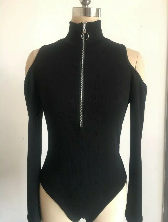 Модная Женская водолазка с открытыми плечами, боди, повседневный комбинезон на молнии с длинным рукавом, сексуальный женский купальник, уличная одежда - Цвет: Черный