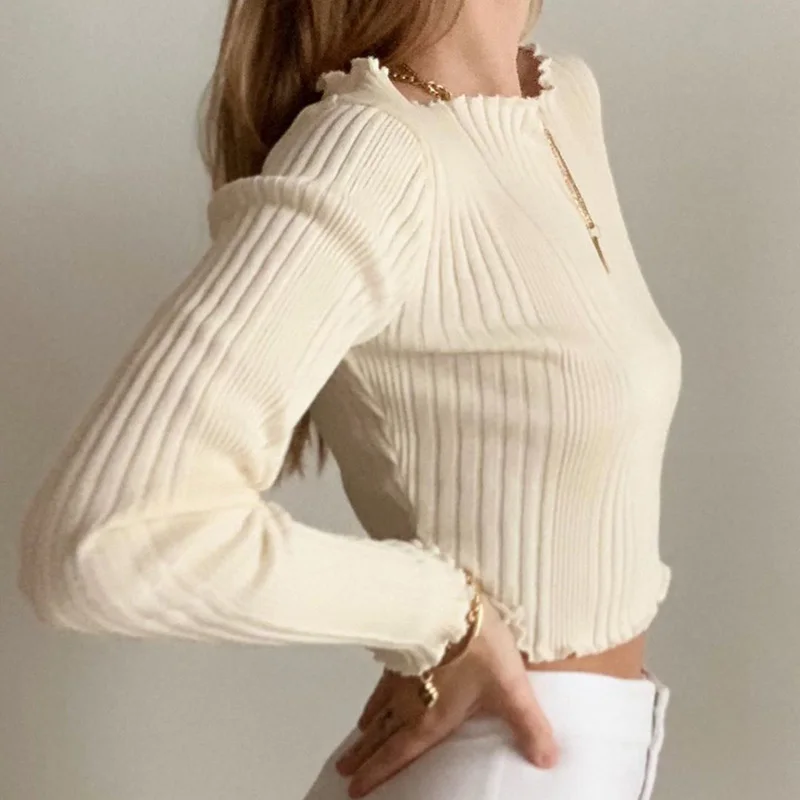 Knitted T-shirt Women Solid Color Shirt Autumn Casual Long Sleeve One Size Ruffled Exposed Navel Midriff-baring Tops for Women
