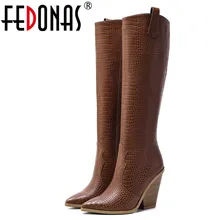 FEDONAS Big Size Chunky Heels Warm Female Leather Western Boots Winter New Women Knee High Boots Party Night Club Shoes Woman