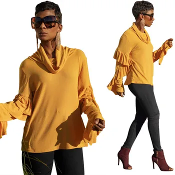 

LS8025 Amazon AliExpress Explosion models in Europe and America Solid color irregular stitching long sleeves Large turned high c