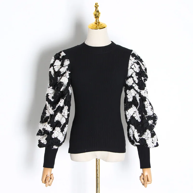 

2020 Spring WOMEN'S Knitwear Tops Embroidered Hollow out Bubble Long Sleeve Crew Neck Ultra-stretch Slim Fit Sweater Women's
