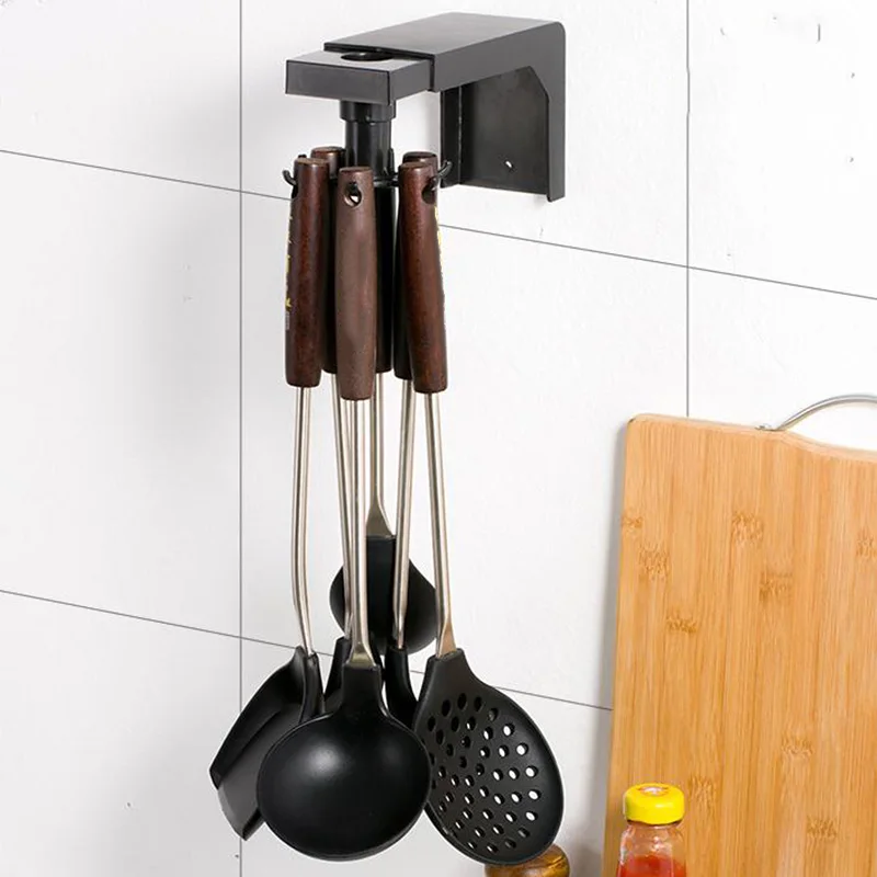 

4/6 Hooks Kitchen Storage Racks Hooks Free Punch Wall-mounted Rotating Storage Rack For Kitchen Bathroom Storage Home Sundries