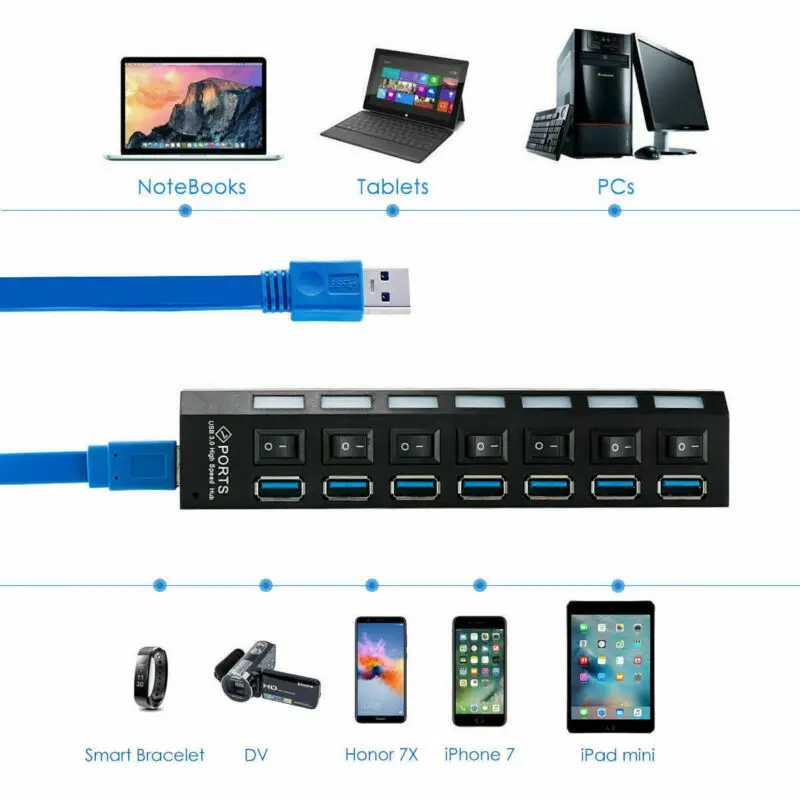 USB 2,0 мульти Зарядное устройство Hub+ высокая Скорость адаптер 7-Порты и разъёмы на переключатель включения/выключения для ноутбука/PC USB Зарядное устройство