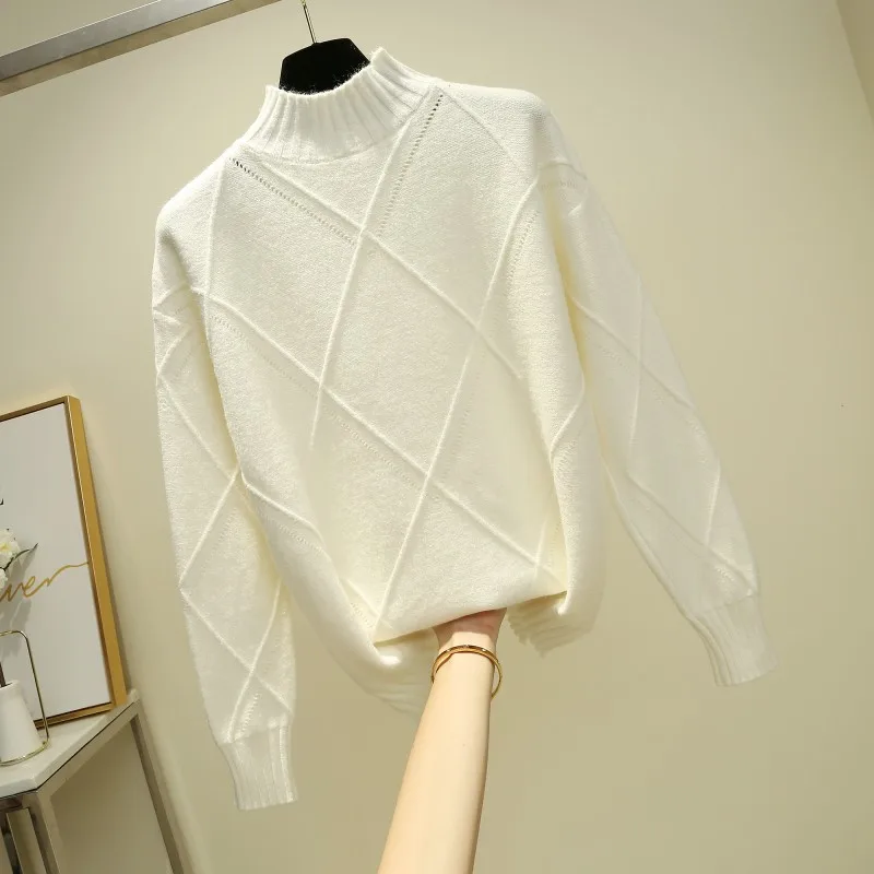 

Pull Femme 2019 Winter Autumn Oversized Knitted Cashmere Sweater Women Sleeve Diamond Basic Thicken Pullovers