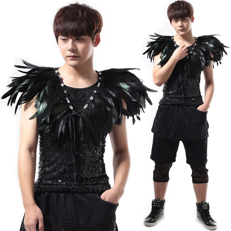 

New Stage Costume NightClub Men Feather Costume Shoulder Rave Clothes GoGo Dance Costume Stage Clothes For Singers Men BL2181