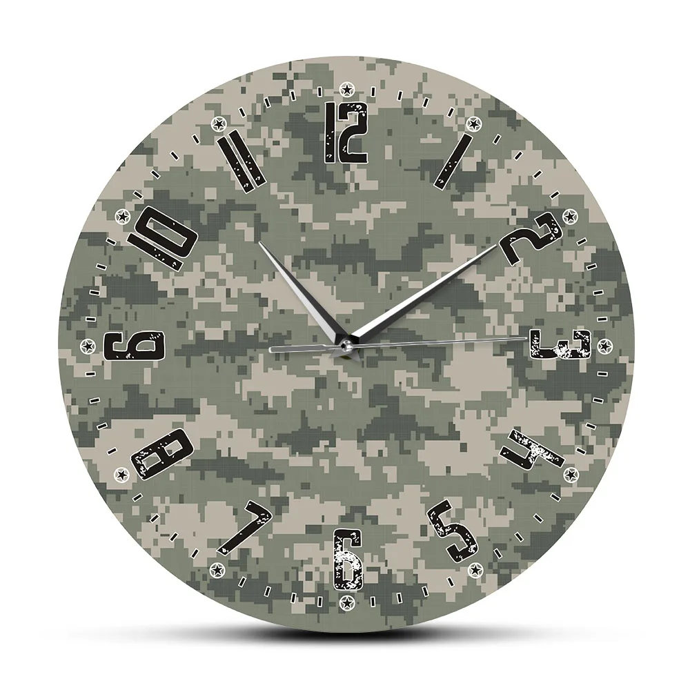 

Army Soliders Green Camouflage Wall Art Modern Bedroom Silent Wall Clock Military Hanging Clock Wall Watch Man Cave Camo Decor